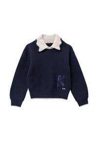 Marineblauer Strickpullover mit einem gewellten cremefarbenen Kragen, einem Pailletten-"K"-Patch und gerippten Bündchen sowie Saum. Weicher Stoff mit strukturiertem Schnitt.