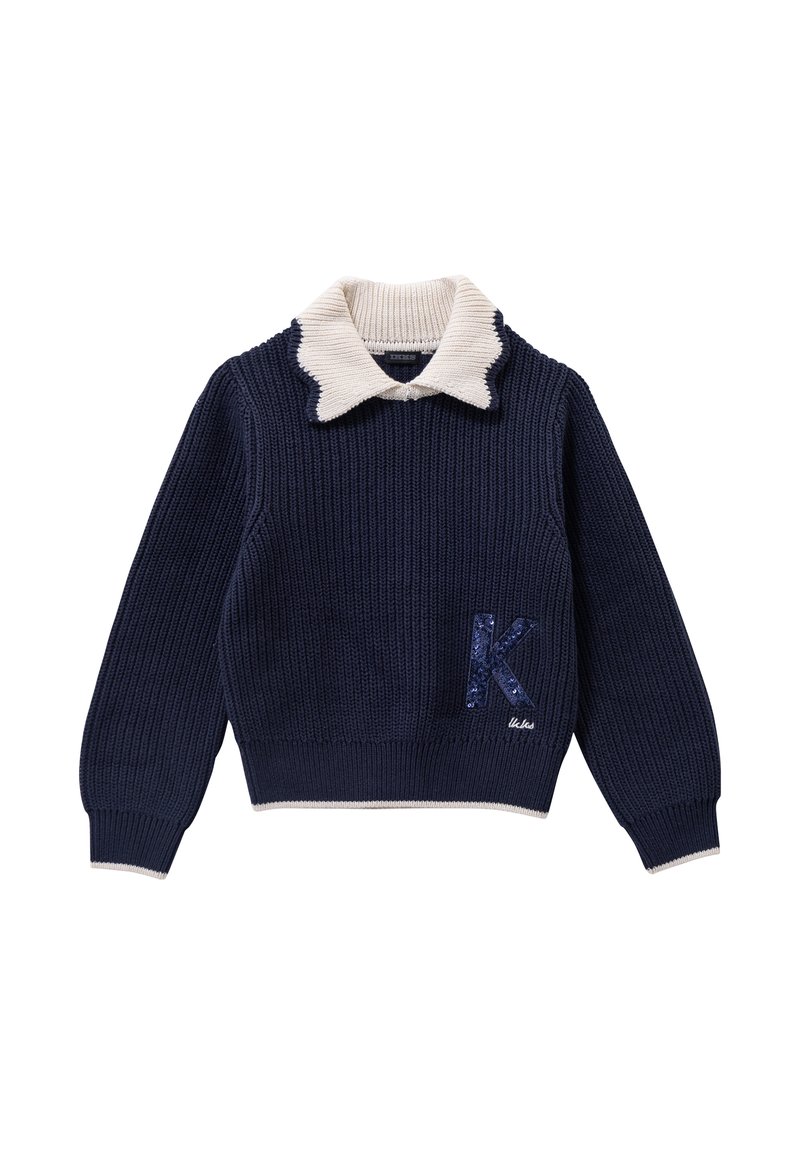 Marineblauer Strickpullover mit einem gewellten cremefarbenen Kragen, einem Pailletten-"K"-Patch und gerippten Bündchen sowie Saum. Weicher Stoff mit strukturiertem Schnitt.