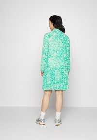 Vestido verde com riscas de zebra brancas, mangas compridas e bainha em camadas. Usado com sapatilhas prateadas e meias brancas, mostrado de costas.