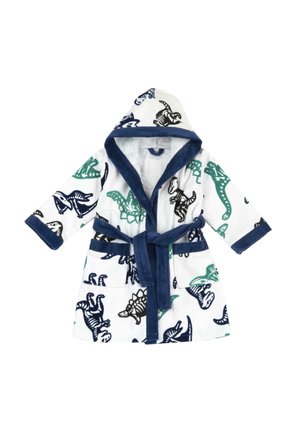 Accappatoio bianco con cappuccio per bambini, bordi e cintura blu scuro, con fantasie di dinosauri verdi e neri.