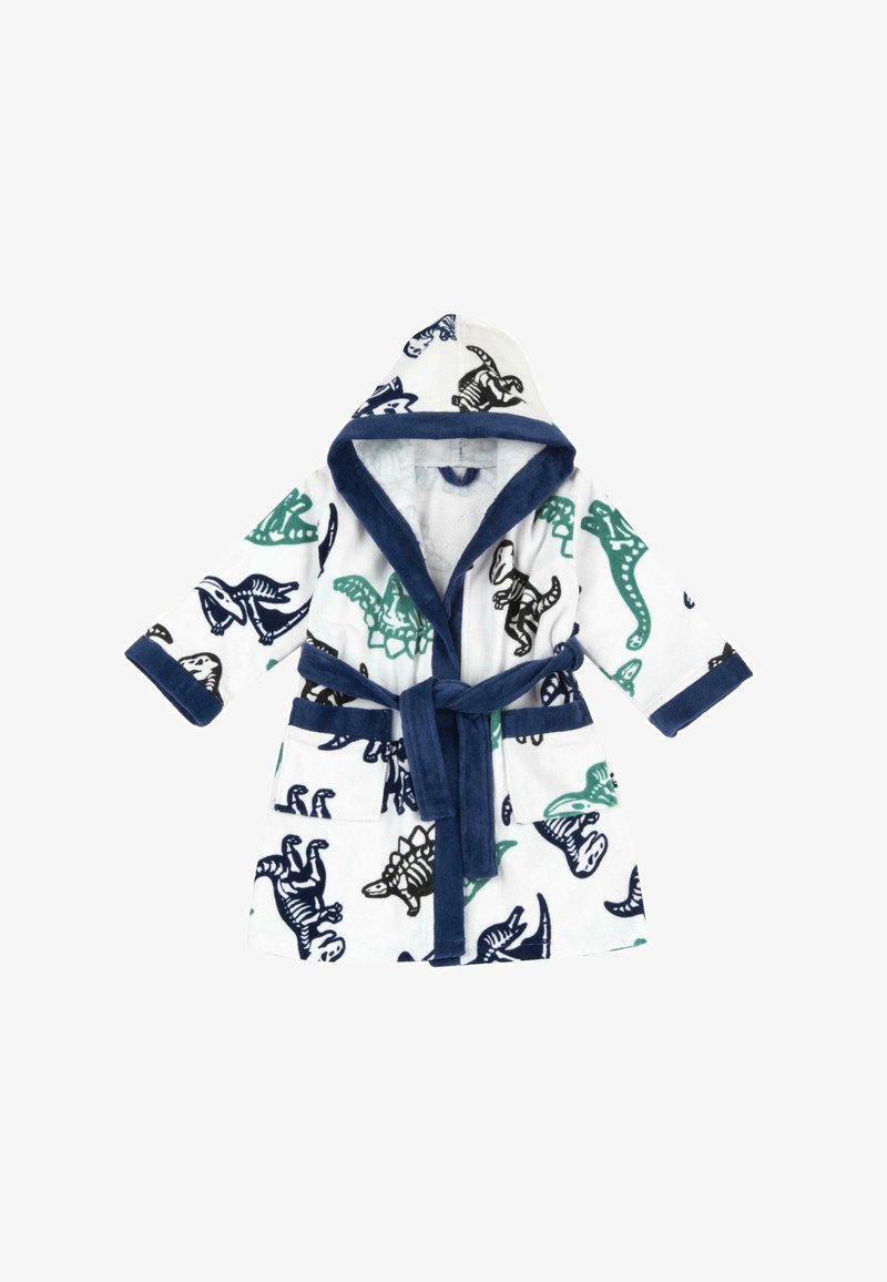 Peignoir blanc à capuche pour enfant avec bordure et ceinture bleu foncé, orné de motifs de dinosaures verts et noirs.