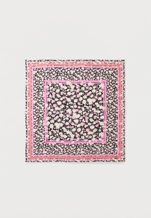 Ruut-sall musta taustaga, roosade ja valgete lillemustritega ning roosade ääristega, mis on korrapäraselt paigutatud kontsentrilisteks ruutudeks.