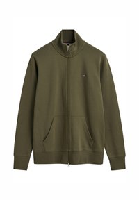 Sudadera de cremallera verde oliva con cuello alto, dos bolsillos frontales, puños acanalados y un pequeño logo en el lado izquierdo del pecho. Material suave de mezcla de algodón.