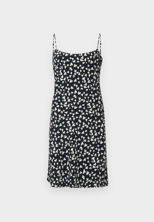 Rochie neagră cu modele albe în formă de inimă, bretele ajustabile, siluetă A-line, realizată dintr-un material ușor cu o textură netedă.