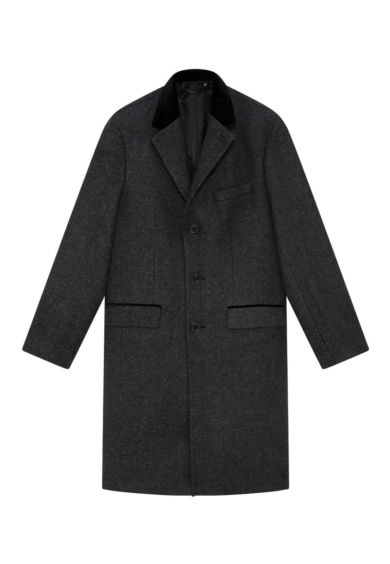 Wool blend overcoat in dark grey herringbone pattern, featuring a black velvet collar, two front pockets, and three buttons down the front.