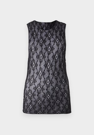 Musta pitsitoppi, jossa on kukallinen ja geometrinen kuvio, ilman hihoja, pyöreä kaula-aukko ja puoliksi läpikuultava rakenne.