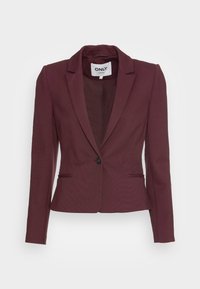 Blazer sur mesure bordeaux avec un col cranté, une fermeture à un bouton, deux poches latérales et des épaules structurées. Texture de tissu lisse.
