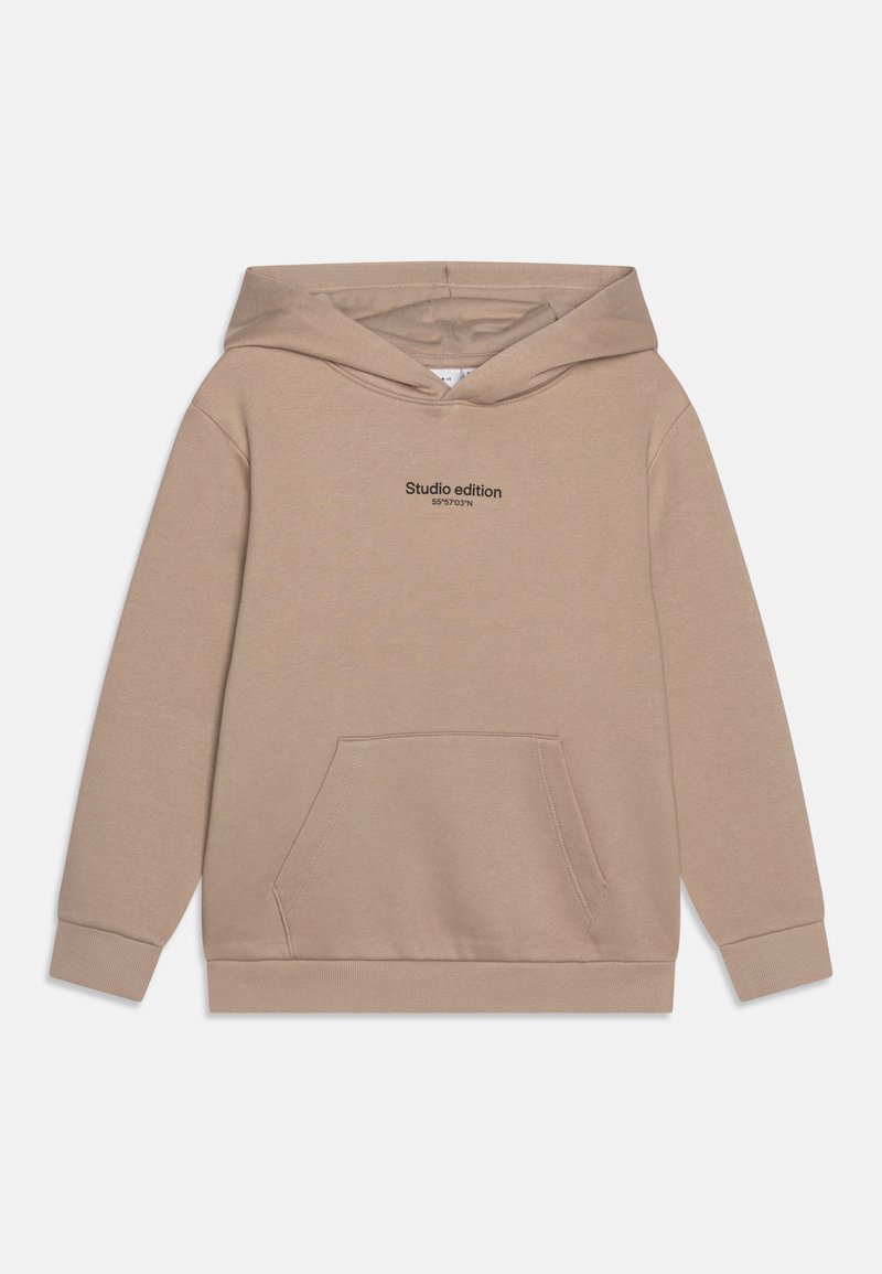 Felpa beige con tasca a marsupio, cappuccio con cordino, polsini a costine e la scritta "Edizione Studio" stampata in nero sul petto.