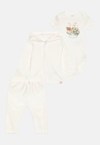 Three-piece infant outfit including a white hooded sweatshirt, a white onesie with a printed design, and matching white pants with an elastic waistband.