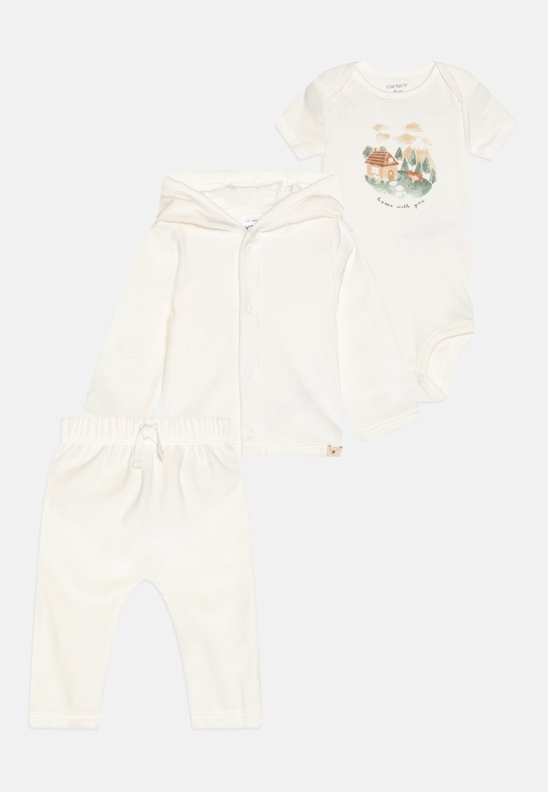 Three-piece infant outfit including a white hooded sweatshirt, a white onesie with a printed design, and matching white pants with an elastic waistband.