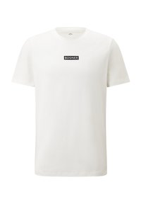 Bílý bavlněný tričko s krátkým rukávem, s černým obdélníkovým logem "BOGNER" umístěným uprostřed na hrudi. Jednoduchý design.