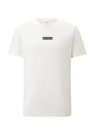 White cotton t-shirt with short sleeves, featuring a black rectangular "BOGNER" logo centrally positioned on the chest. Simple design.