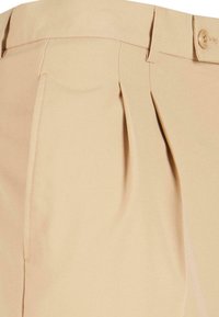 Beige maßgeschneiderte Hose mit Vorderfalten, einer glatten Textur und einem einzelnen Knopfverschluss am Bund. Frisch und minimalistisch gestaltet.