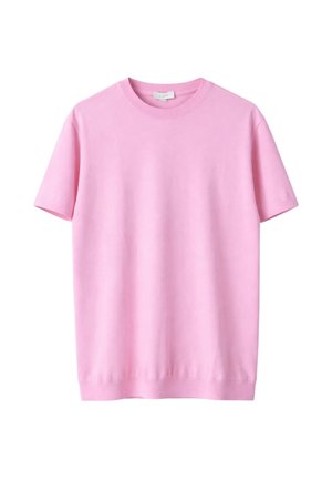 T-shirt rosa chiaro a maniche corte con scollo rotondo e orlo dritto, mostrata su sfondo bianco.