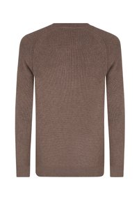 Brązowy sweter dzianinowy z okrągłym dekoltem, długimi rękawami i fakturowanym ściągaczem na całej powierzchni, o prostym kroju i bez widocznych ozdób.