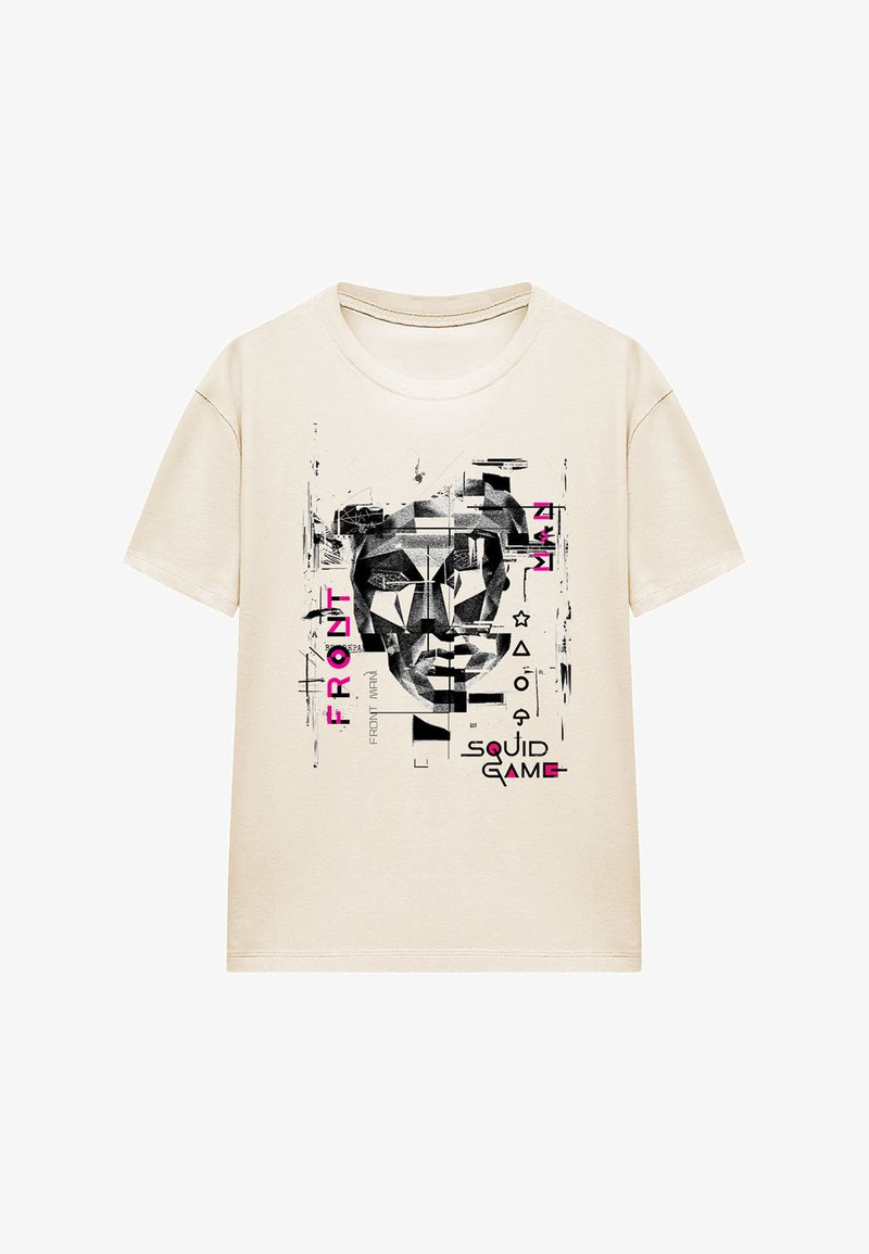 Cream cotton t-shirt featuring a graphic print of a stylized face and geometric shapes in black and pink, with text "FRONT MAN" and "SQUID GAME."