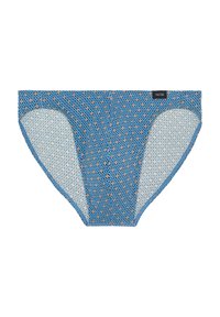 Blå mønstret boxershorts med et geometrisk design i rød og hvid, lavet af blødt stof med elastiske kanter for komfort.