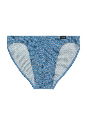 Culotte bleue à motifs avec un design géométrique et des accents rouges et blancs, fabriquée en tissu doux avec des bords élastiques pour un confort optimal.