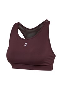 Burgunderfarbener Sport-BH mit glatter Textur, Racerback-Design und kontrastierenden Mesh-Einsätzen. Mit einem reflektierenden Logo auf der Vorderseite.