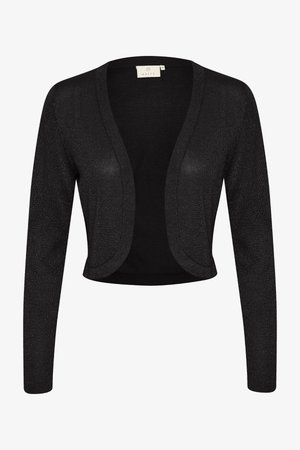 Schwarze, kurze Strickjacke mit langen Ärmeln, gefertigt aus einem funkelnden Strickstoff. Verfügt über einen offenen Vorderteil und abgerundete Kanten.