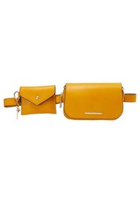 Borsa a tracolla in pelle gialla con una pochette separata più piccola, caratterizzata da una texture liscia, hardware in argento e un design semplice e pulito.