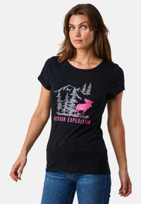 Black t-shirt made of cotton with a crew neckline, featuring a silver and pink graphic of mountains, trees, and a moose, and text "OUTDOOR EXPEDITION."