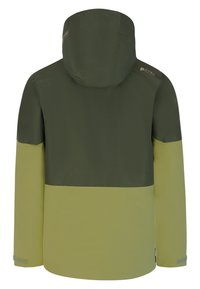 Zeleno-žltá nepremokavá bunda s kapucňou, ktorá má štruktúrovanú hornú časť a hladkú dolnú časť, spolu s nastaviteľnými manžetami.