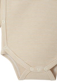 Gestreifter beiger Babybody mit hellcremefarbenen Akzenten, ausgestattet mit Druckknöpfen im Schritt und weichem, strukturiertem Stoff.