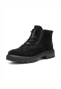 Black suede ankle boot with thick lug sole, lace-up front, and side elastic panel for easy wear.