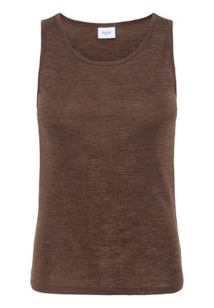 Brauner ärmelloser Tank-Top aus weichem, strukturiertem Stoff mit rundem Ausschnitt und ohne sichtbare Beschläge oder Akzente.