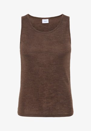 Brun udenærmet t-shirt lavet af blødt, tekstureret stof med rund halsudskæring og ingen synlige hardware eller accenter.