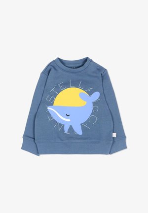 Felpa blu a maniche lunghe per bambino con una grafica di una balena blu sorridente e un sole giallo, con bottoni a pressione sulla spalla.