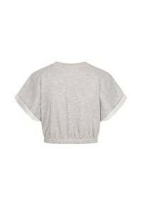 Light gray cropped top made from soft fabric. Features short sleeves with contrasting trim and an elasticated hem for a relaxed fit.