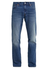 Jeans in denim blu con un taglio dritto, leggera scoloritura, cinque tasche e chiusure con bottoni metallici. Il materiale ha una texture morbida.