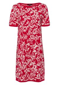 Robe rouge avec un motif floral blanc, manches courtes et coupe décontractée. Tissu doux avec un col rond et un ourlet se terminant au-dessus du genou.