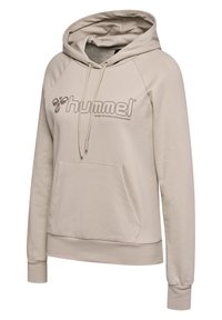 Beżowa bluza z kapturem z kieszenią kangurką, związywanym kapturem i rękawami raglanowymi. Posiada nadrukowane logo z przodu oraz ściągacze przy mankietach i dolnej krawędzi.