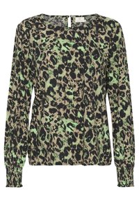 Leopard print blouse in shades of green and black, featuring long sleeves with gathered cuffs and a keyhole back closure.