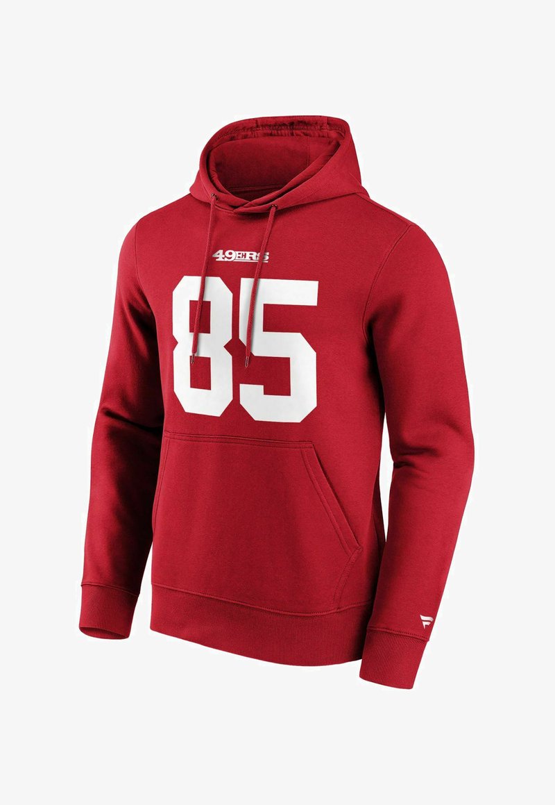 Sweatshirt à capuche rouge avec un grand "85" blanc imprimé sur le devant, muni d'une poche kangourou et de poignets côtelés pour un bon ajustement.