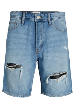 Hellblaue Jeansshorts mit ausgefransten Kanten und großen Rissen. Verfügen über ein klassisches Fünf-Taschen-Design und einen Metallknopfverschluss.