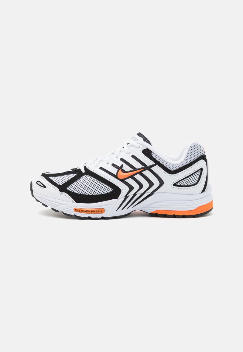 White athletic shoe with black accents, mesh upper, orange detailing, and pronounced rubber sole with traction. Features streamlined design.