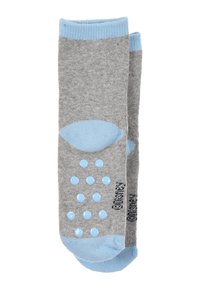 Calze grigie con accentuazioni azzurro chiaro, caratterizzate da un motivo a puntini antiscivolo sulla suola e sezioni di punta e tallone in contrasto.