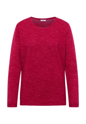 Rød langærmet skjorte med rund halsudskæring, den har et tekstureret stof med et subtilt stribet mønster og en afslappet pasform.