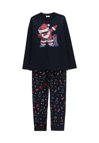Granatowy zestaw piżamowy składający się z długiego rękawa z grafiką Świętego Mikołaja oraz dopasowanych spodni ozdobionych świątecznymi wzorami w czerwonym i białym kolorze.