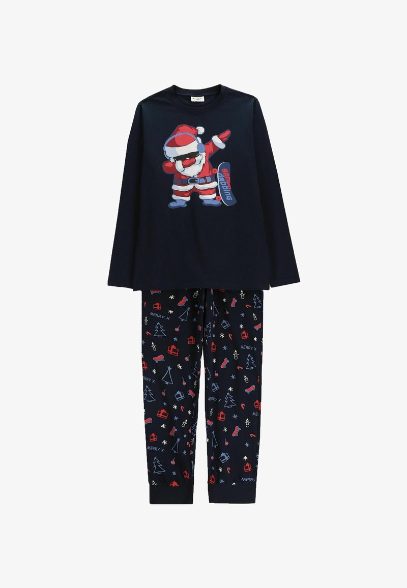 Granatowy zestaw piżamowy składający się z długiego rękawa z grafiką Świętego Mikołaja oraz dopasowanych spodni ozdobionych świątecznymi wzorami w czerwonym i białym kolorze.