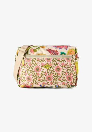 Schoudertas met kleurrijke bloemen- en vogelmotieven, voorvak met ritssluiting en verstelbare beige riem.