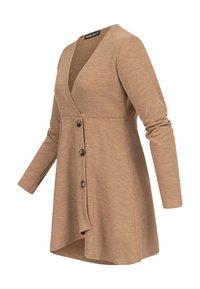 Beige cardigan med lange ermer og dyp V-hals, med knappestolpe foran og utsvingt kant, laget av mykt strikket stoff.