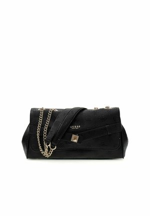 Sac à épaule noir Guess avec motif logo embossé, bandoulière chaîne dorée et rabat avant avec petite fermeture à cadenas dorée.
