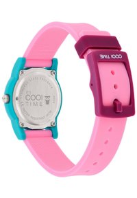 Bunte Kinderuhr mit einem pinken Silikonarmband, türkisfarbenen Akzenten, einem Gehäuseboden aus Edelstahl und einer lila Schnalle. Wasserdicht bis 3 ATM.