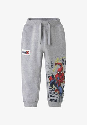 Pantalon de survêtement gris avec une taille élastique, présentant un motif Spider-Man sur la jambe gauche et un patch logo Marvel sur la droite.
