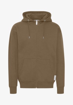 Brązowy rozpinany hoodie z suwakiem z przodu, dwiema przednimi kieszeniami, regulowanymi sznurkami oraz ściągaczami przy mankietach i u dołu. Miękka tekstura materiału.